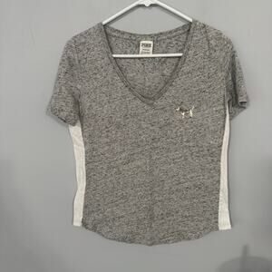 PINK Victoria's Secret Gray V-Neck Tee Shirt Womens Size Small Silver Sequin Dog